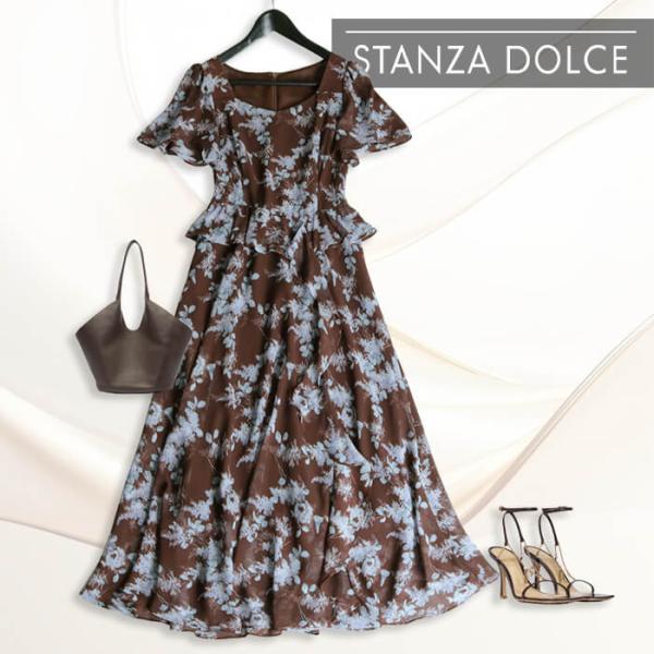 ワンピース 半袖 レディース 花柄 レトロ フラワー フレア ペプラム フリル 総柄 ミモレ ロング...