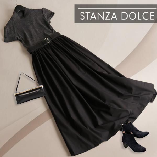 ワンピース レディース ドッキング 無地 シンプル ベルト 半袖 異素材 ドッキングワンピース ミモ...