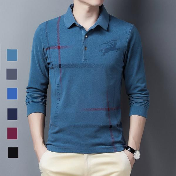 ポロシャツ メンズ カットソー ストレッチ ロングTシャツ 長袖 ボーダー柄 カジュアル 大きいサイ...
