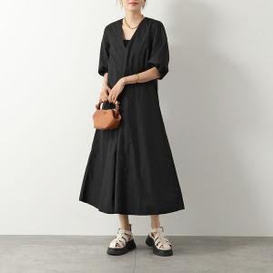 GANNI ガニー ワンピース Cotton Poplin V-Neck Long Dress F8826 6479 レディース Vネック パフスリーブ 五分袖 ロング丈 099/Black