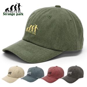 キャップ 帽子 メンズ おしゃれ ローキャップ 人類の進化 人類進化の行進図 おもしろ 面白 Strange Park ストレンジパーク ウォッシュコットン 進化刺繍｜s-rana