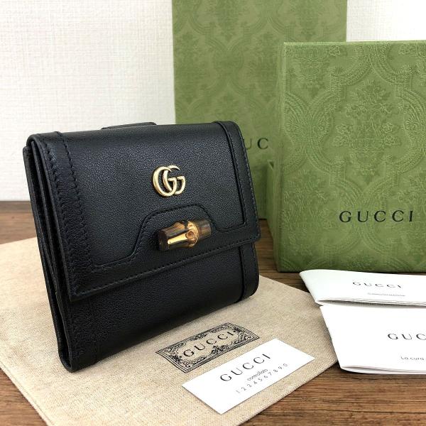 ☆送料無料☆ 未使用品 GUCCI Wホック財布 671789 ダイアナ ブラック バンブー プチマ...