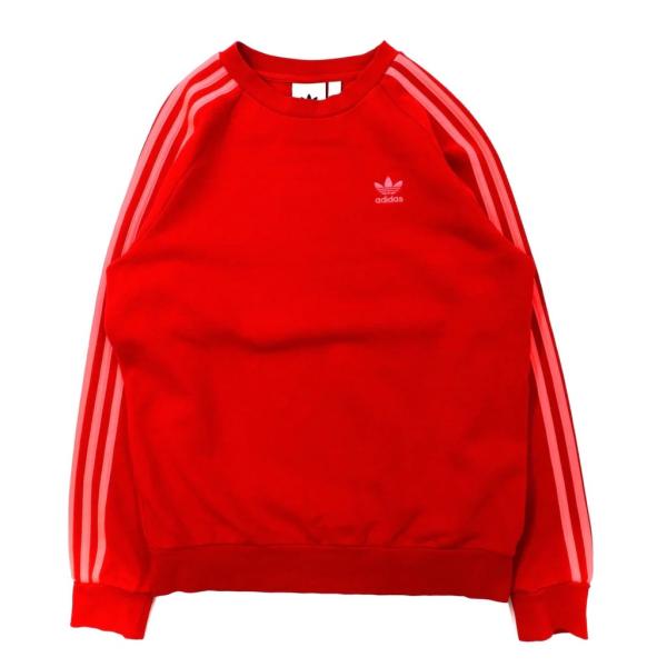 ADIDAS ORIGINALS クルーネックスウェット M レッド コットン 裏起毛 ３ストライプ...