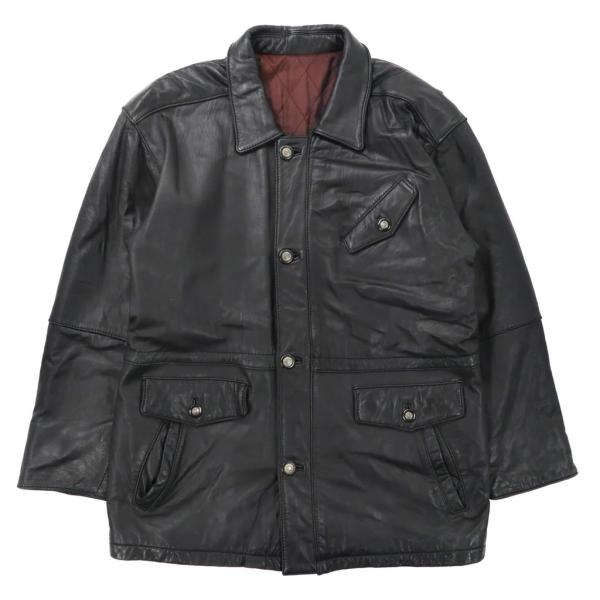 LAMBSKIN LEATHER COAT ラムレザーカーコート XL ブラック 羊革 キルティング...