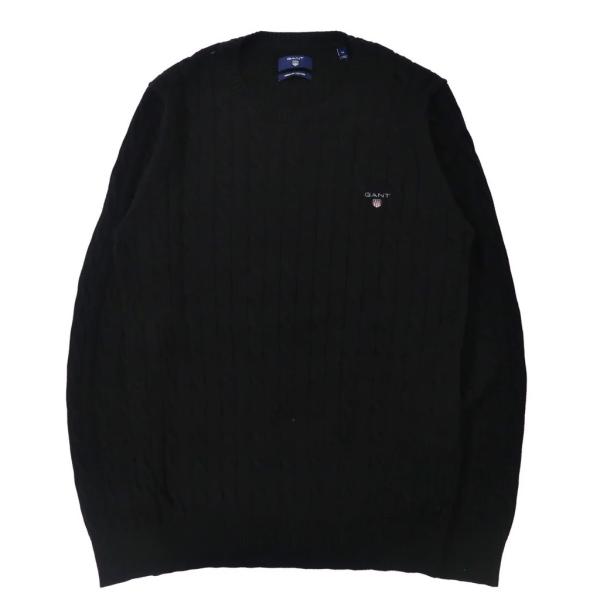 GANT アランニット セーター M ブラック コットン ケーブル編み ワンポイントロゴ刺繍