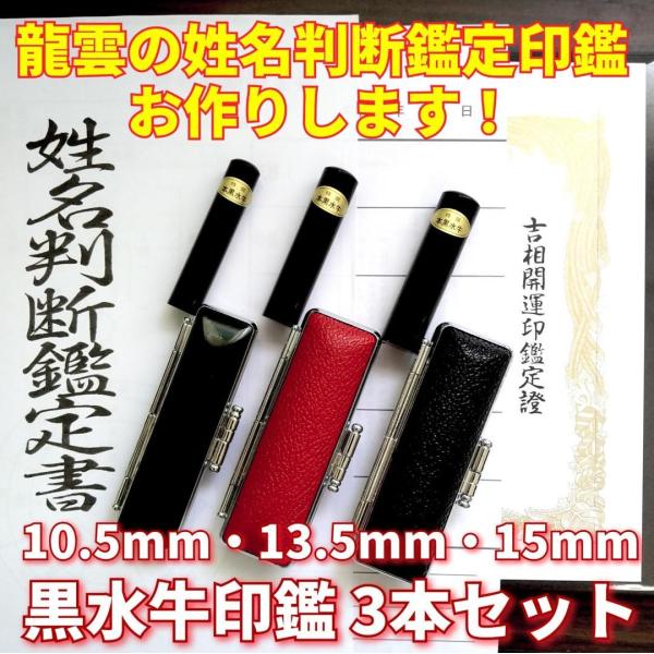 【龍雲式鑑定印鑑 黒水牛印鑑 3本セット A】10.5mm 13.5mm 15ｍｍ 吉相体 印鑑オー...