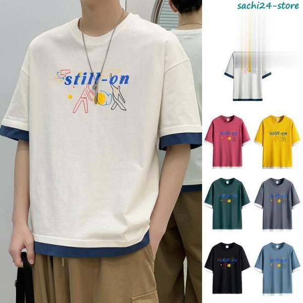 tシャツ メンズ クルーネック ロゴ トップス ロゴTシャツ カットソー 綿t 半袖 100%コット...