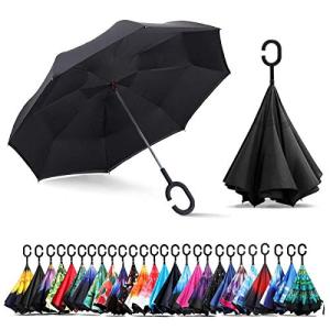 Chiasa 逆さ傘 長傘 さかさま傘 逆折り式傘 逆転傘 UVカット 晴雨兼用 手離れC型手元 耐風傘 撥水加工 ビジネス用車用 自立傘 二重傘 (