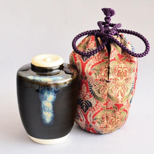 茶入 茶道具 山岡善昇窯 肩衝茶入 桐に向鳳凰丸文錦(正絹仕覆/龍村裂)