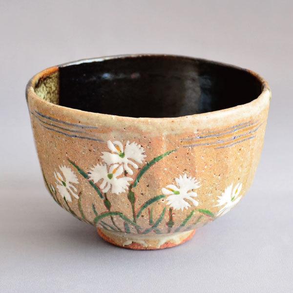 茶碗　茶道具　中村良二 作　灰釉掛分鷺草絵茶碗