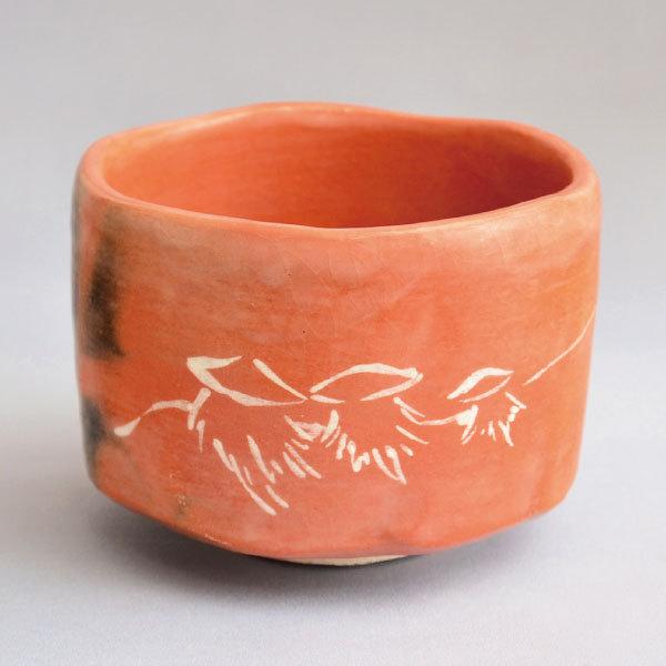 茶道具　茶碗　吉村楽入 作　赤楽茶碗 曳舟ノ画