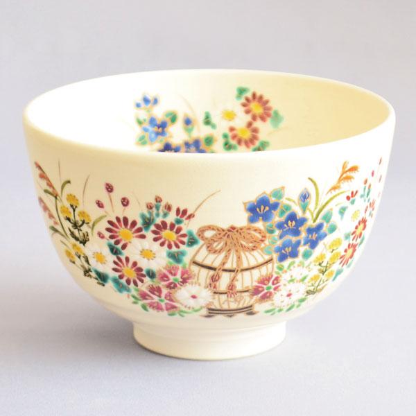 茶碗　茶道具　浅見与し三 作　色絵 秋草に虫籠絵茶碗