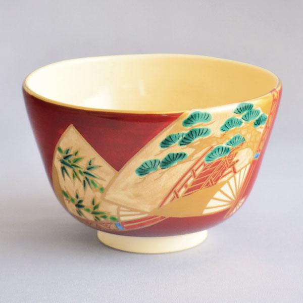 茶碗　茶道具　橋本城岳 作　赤扇面文 茶碗
