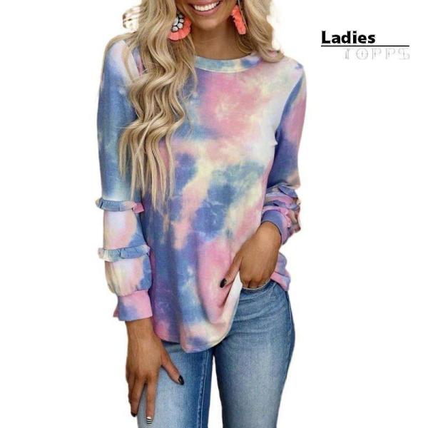 チュニック カットソー トップス レディース ラウンドネック 長袖 袖2段フレア 絞り染め風 袖リブ...