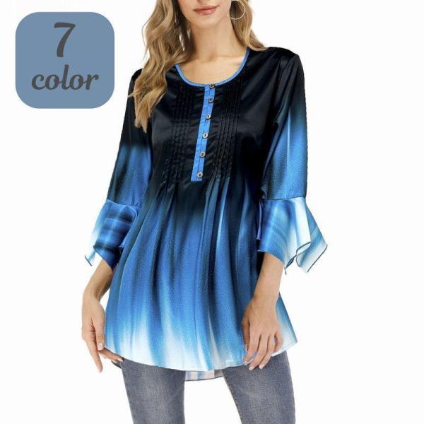 チュニック レディース 女性用 七分丈 ラウンドネック フレア Aライン グラデーション 配色 ピン...