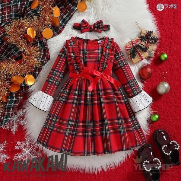 子供キッズ ドレス ワンピース クリスマス 長袖子供服 チェック柄 サンタ コスチューム コスプレ ...
