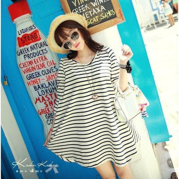 マタニティウエア マタニティワンピース ミニワンピース 長袖 ラウンドネック 重ね着風 ボーダー バ...