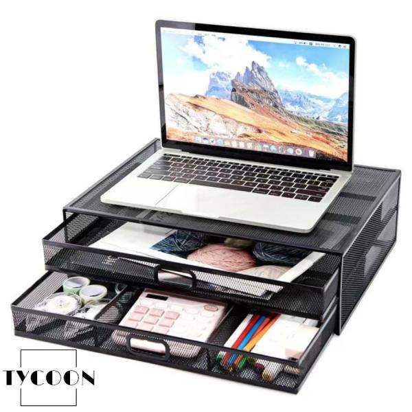 モニター台 卓上 パソコン台 引き出し付きデスクトップスタンド メタルネットノートパソコン 台 サイ...