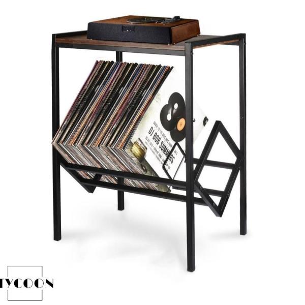 レコードプレーヤースタンド 80枚のアルバム収納 ターンテーブルスタンド マットブラックメタル脚付き...