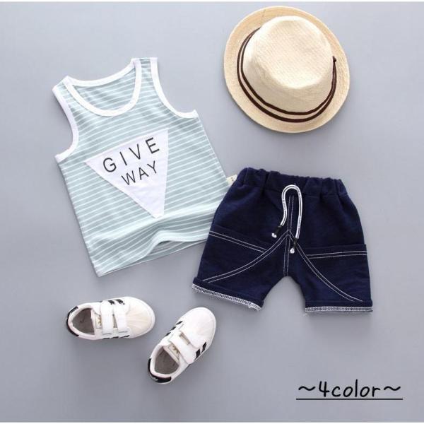 セットアップ ツーピース 子供服 こども服 ベビー ボーダー デニム風 ノースリーブ ショートパンツ...