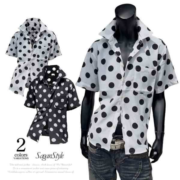 【送料無料】メンズ 男性用 トップス トラッド水玉プリント半袖シャツ 総柄 大水玉 ゴシックシャツ ...