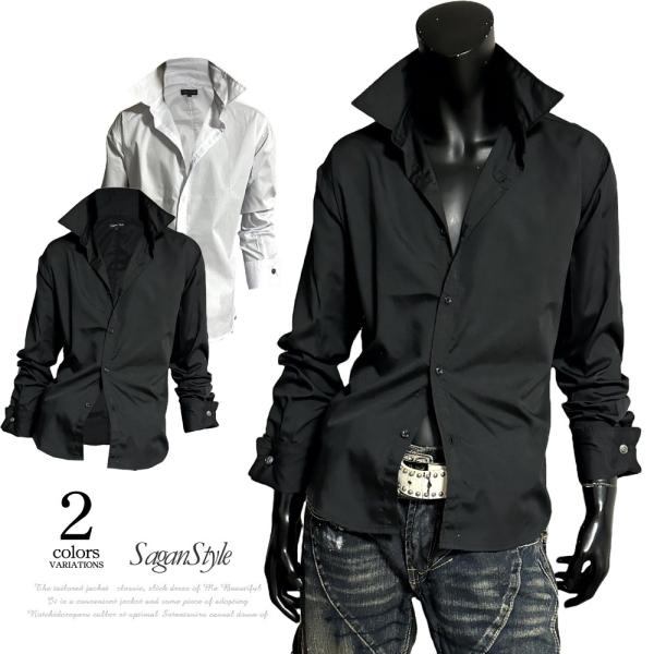 【送料無料】ショート丈Wカフスドレスシャツ メンズ 長袖 カフスボタン付き ブロード無地 立ち襟 キ...