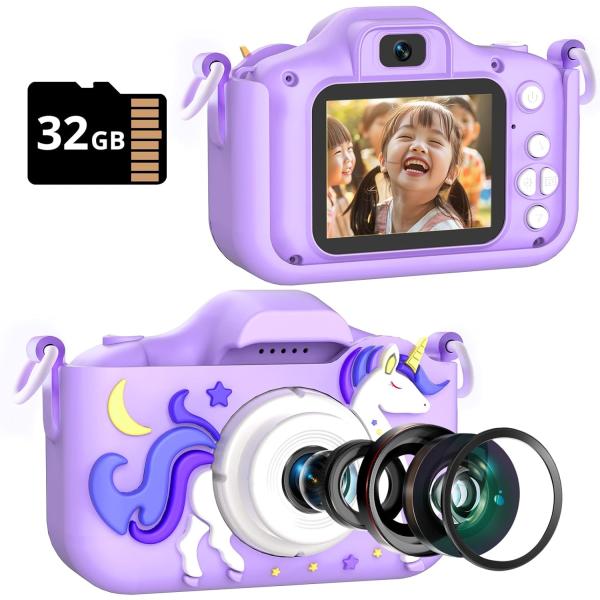 キッズカメラ ユニコーン 女の子 プレゼント 32GB メモリーカード スマホ転送 1080P HD...