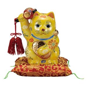 九谷焼 小槌上げ小判招き猫 黄盛 6号 布団付 ( 木札名入れ有料 退職