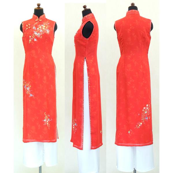 鮮やか赤が華麗な二枚仕立てノースリーブアオザイ!!　SIZE S