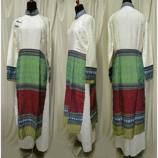 ターイ族手織り生地コンビのアオザイ!!　SIZE ＸＬ
