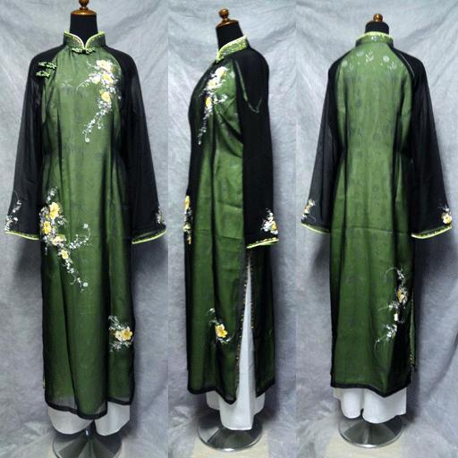 ライトグリーンに黒の絶妙なバランスの二枚仕立てアオザイ！！　SIZE　XL