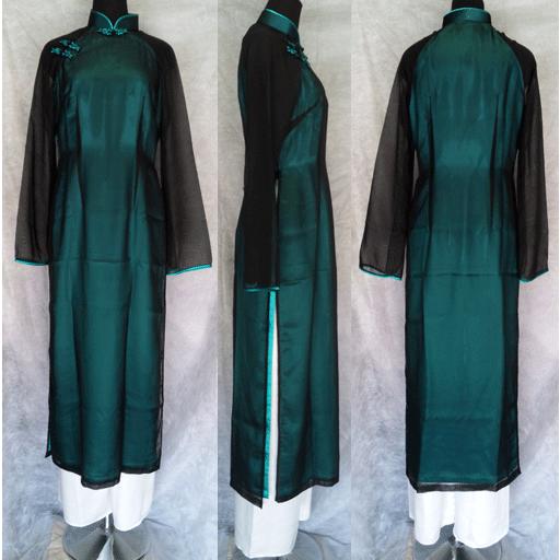 エレガントシンプル二枚仕立てアオザイ!!　ブラック&amp;エメラルドグリーン　　SIZE XL