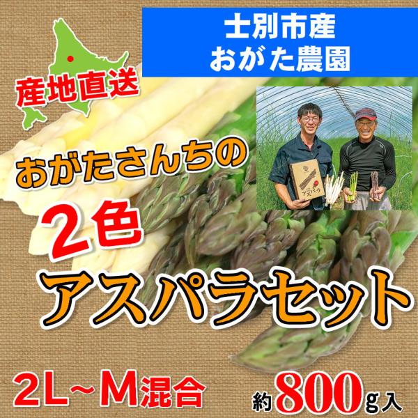 D-4 士別産：おがた農園 おがたさんちの2色アスパラセット 2L〜Mサイズ混合・約800g入・1箱...