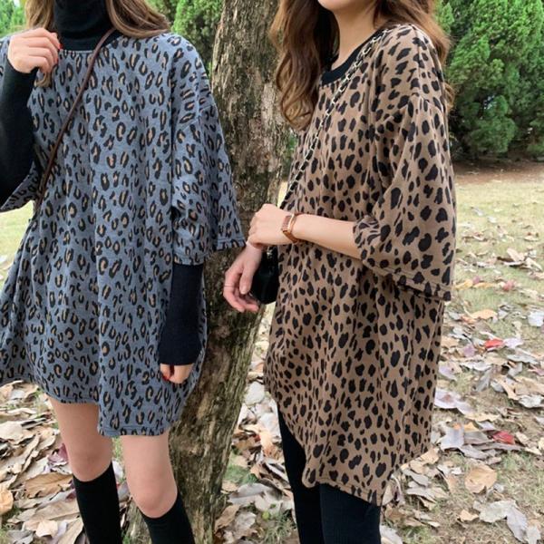 Tシャツ レディース  ヒョウ柄 半袖 夏秋 ゆるい  ロング丈 トップス 韓国ファッション 原宿系...