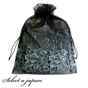 巾着袋 (33cm×45cm) オーガンジー パステル花刺繍 ラッピング