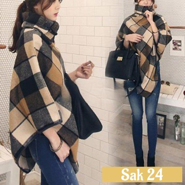 マントコート ニットセーター レディース 30代 40代 春秋冬 ポンチョ チェック ハイネック マ...