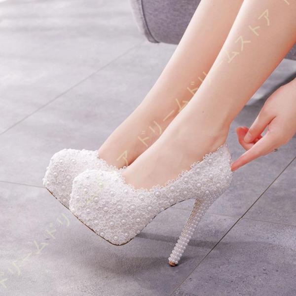 ウェディングシューズ 白 レース飾り ヒール約14cm ストーム 美脚 ピンヒール ハイヒール パン...