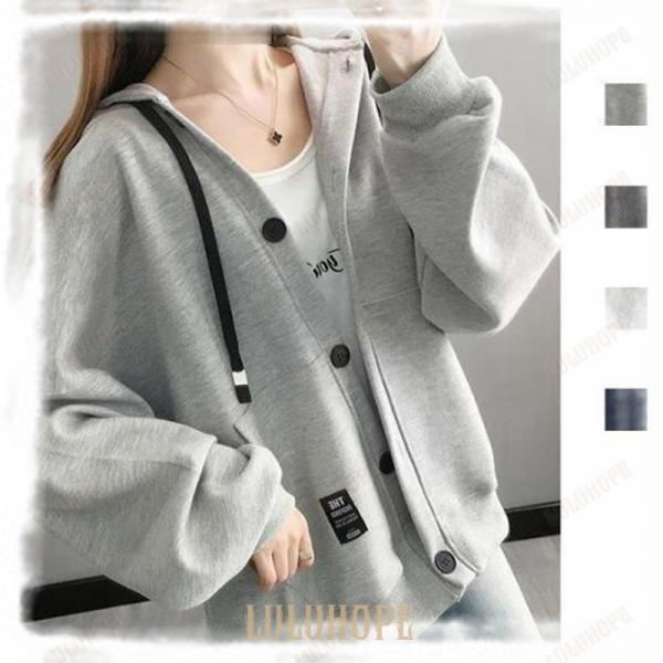 パーカー フード付き カジュアルウエア リラックス ボタン ドロップショルダー レディースパーカー ...