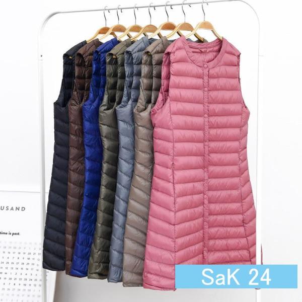 ダウンベスト レディース 無地 キルティング あったか 防寒 細身 着痩せ ロング丈 薄手 軽量 フ...