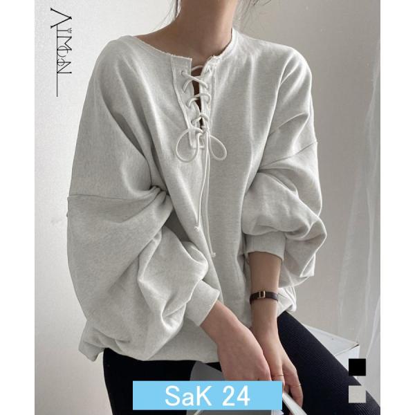 レースアップ スウェット 長袖レディース 編み上げ トップス ボリューム袖 ルーズシルエット