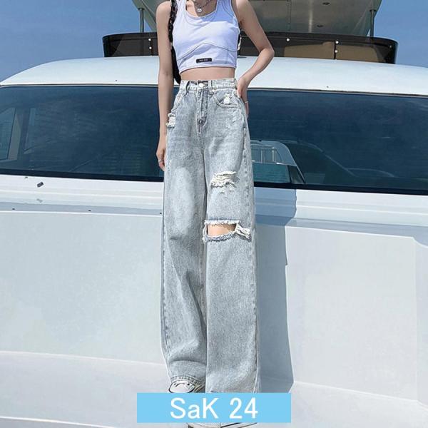 ダメージ デニムパンツ ハイウエスト韓国 アメカジデニム脚長 ストリート お洒落 カジュアル ズボン
