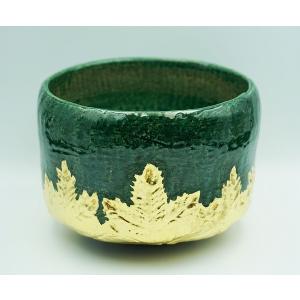 茶道具 抹茶茶碗 楽茶碗 青釉 金入若松 了入写 佐々木昭楽作 楽焼き