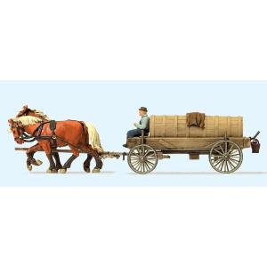 PreiserHOスケール（1/87）「馬に牽かれる野菜かごを乗せた平台荷馬車」 馬に牽かれる野菜かごを乗せた平台荷馬車 ：プライザー 塗装済完成品