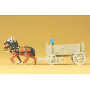 PreiserHOスケール（1/87）「馬に牽かれる野菜かごを乗せた平台荷馬車」 馬に牽かれる野菜かごを乗せた平台荷馬車 ：プライザー 塗装済完成品