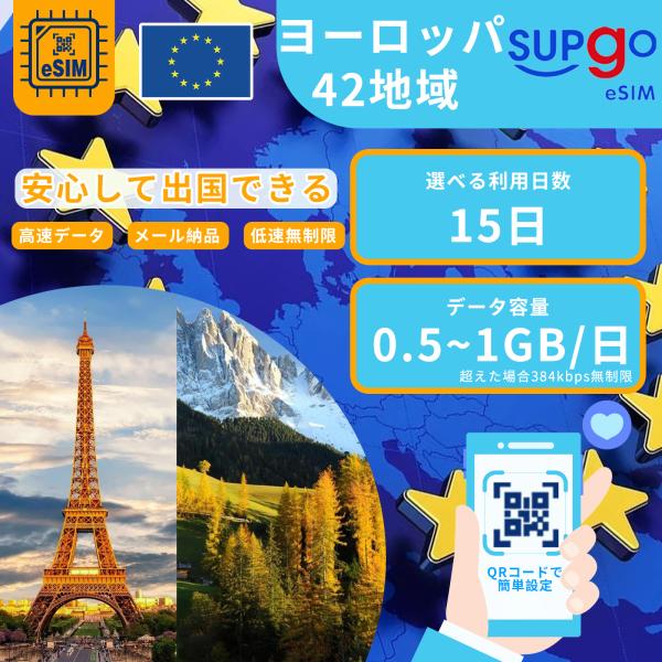 eSIM ヨーロッパ フランス ドイツ イギリス イタリア ロシア 15日間 500MB 1GB s...