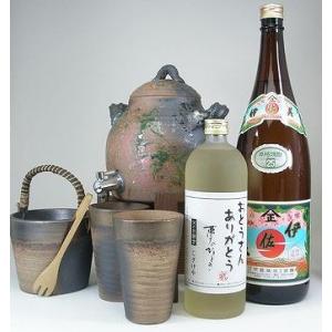 ！伝統の萬古焼きＺ４手作り焼酎サーバー2000cc （専用木台付き）ペアグラス+氷入れ 陶芸作家 安藤嘉規作（伊佐美 1800m｜sake-gets