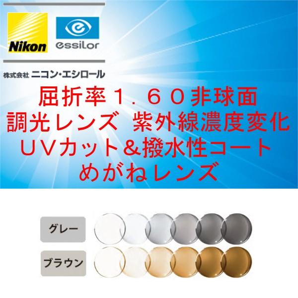 ニコン・エシロール 調光レンズ 眼鏡レンズ交換 屈折1.60 非球面 紫外線UVカット 撥水コート