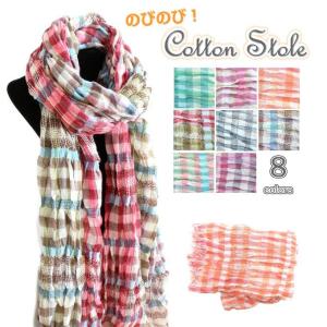 ストール コットン のびのび くしゅくしゅ レディース チェック 春 夏 秋 str-15