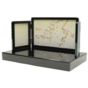 アウトレット品 台屏風セット 9号/20号 刺繍桜 三曲屏風/黒塗り平台 24a-ya-0016
