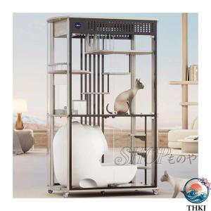 キャットハウス パノラマキャットヴィラ高級ガラス猫ルーム大型木製猫ケージ猫ハウスホーム猫キャビネット自動猫トイレを置くことができます キャット ヴィラ